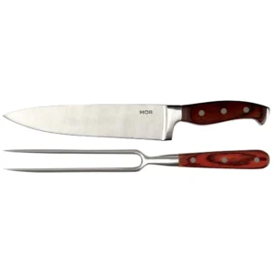 0036| Juego de Cuchillo y Tenedor de 8" en Acero Inoxidable y Mango de Madera de Acero